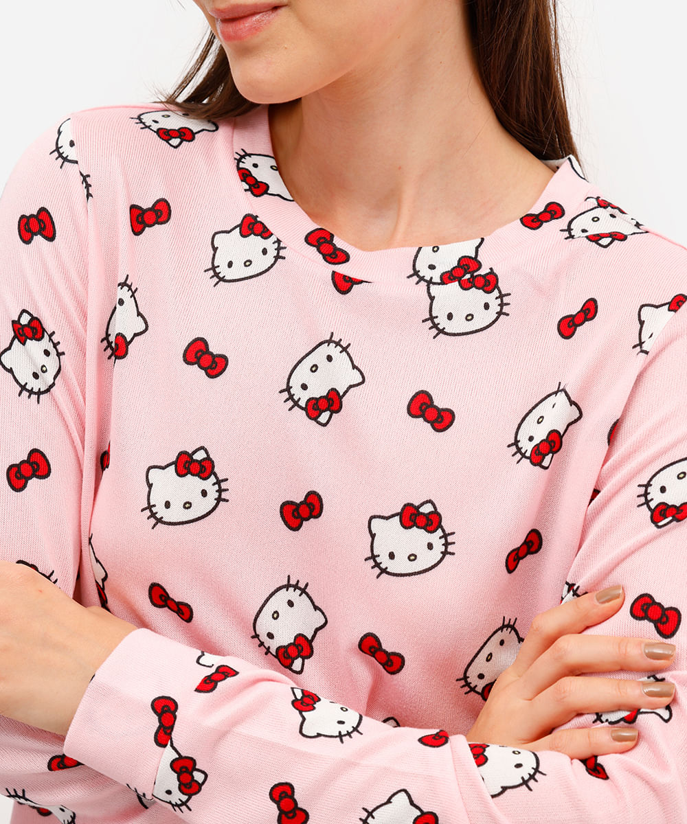 pijama longo feminino hello kitty manga longa rosa