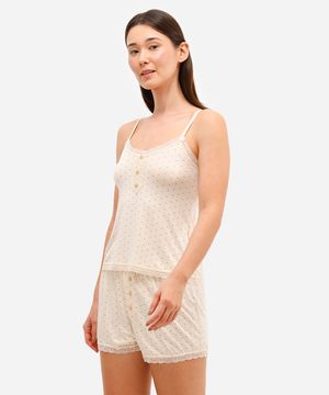 pijama short doll feminino de viscose poá bege
