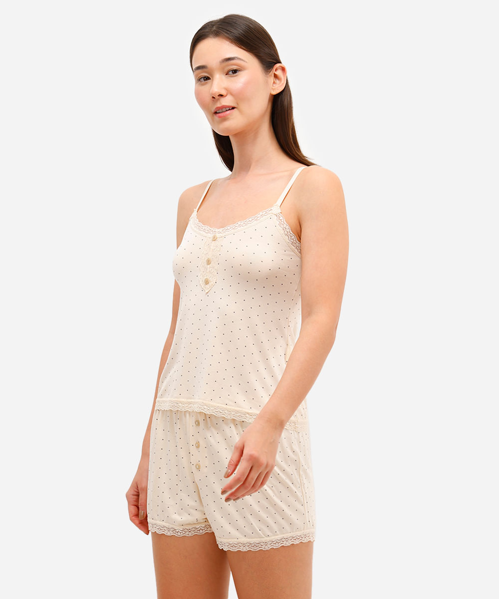 pijama short doll feminino de viscose poá bege