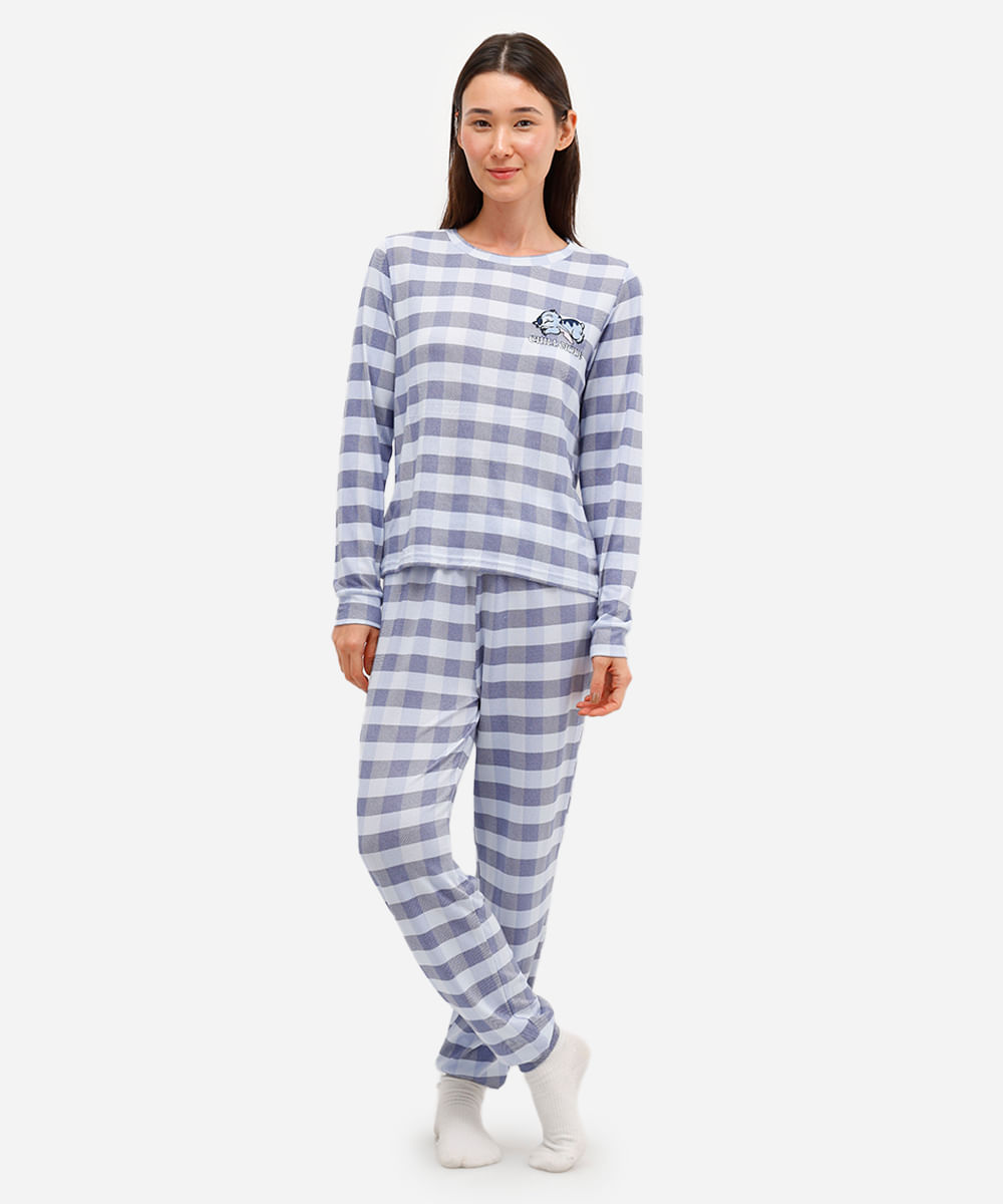 pijama longo feminino manga longa stitch xadrez azul