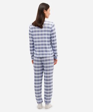 pijama longo feminino manga longa stitch xadrez azul
