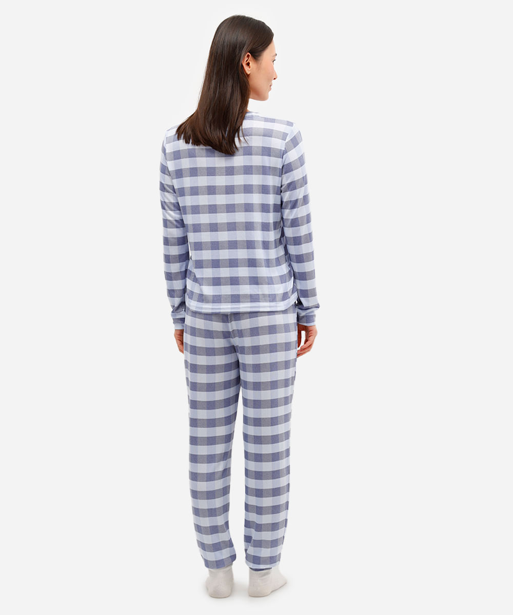 pijama longo feminino manga longa stitch xadrez azul