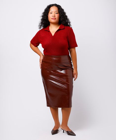saia reta feminina de poliuretano mindset plus size - marrom