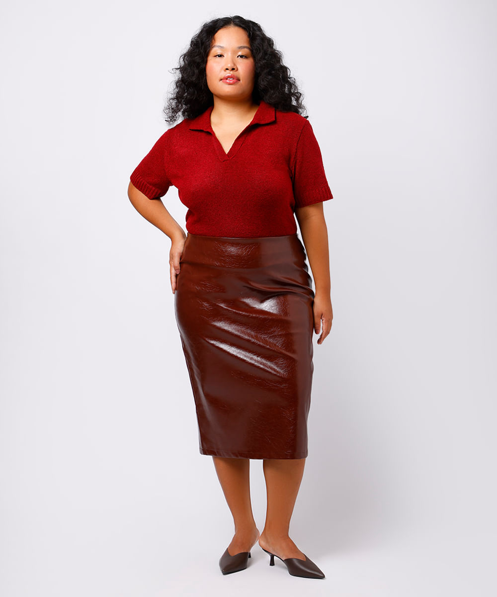 saia reta feminina de poliuretano mindset plus size - marrom