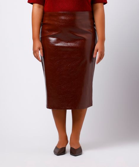 saia reta feminina de poliuretano mindset plus size - marrom