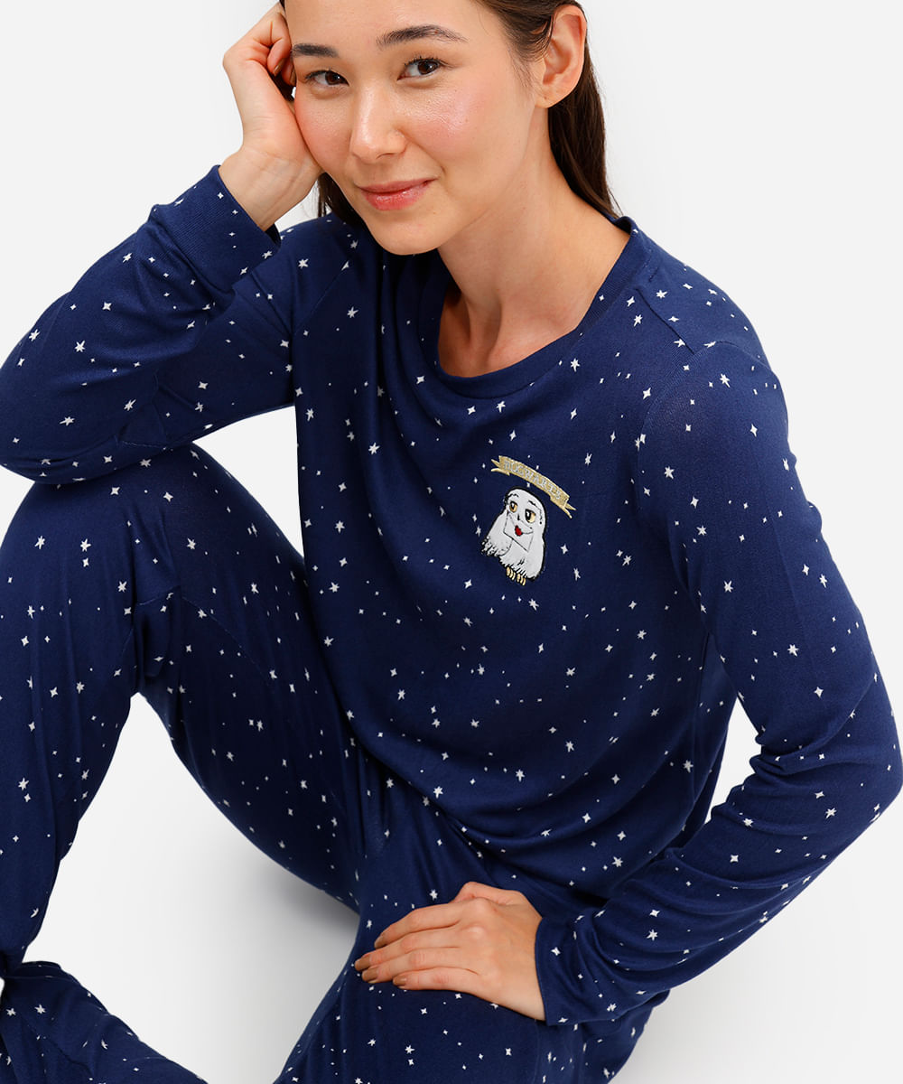 pijama longo feminino harry potter manga longa azul