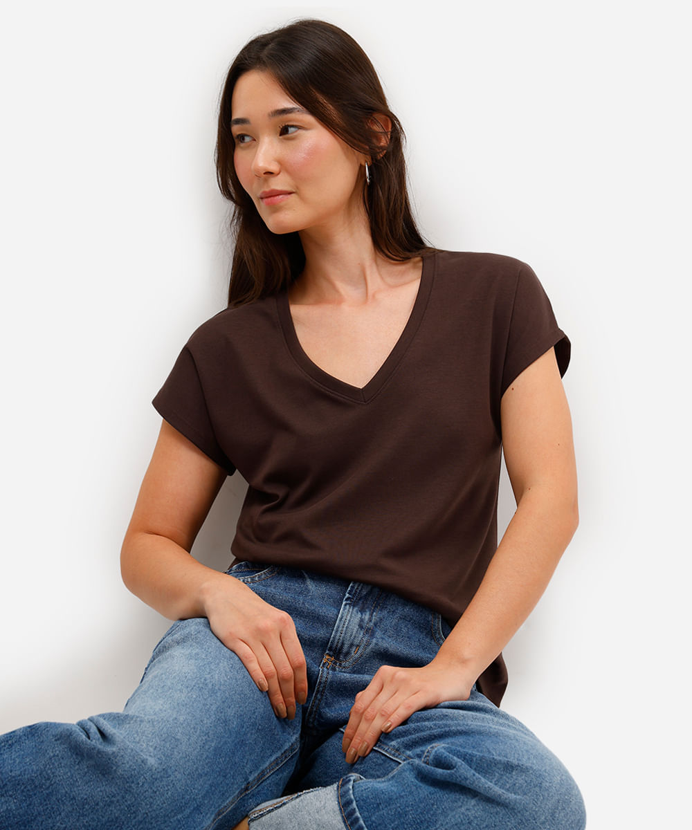 blusa feminina de algodão peruano decote v marrom