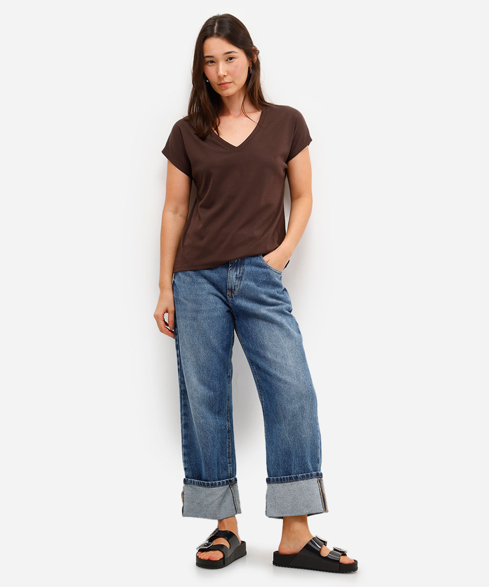 blusa feminina de algodão peruano decote v marrom