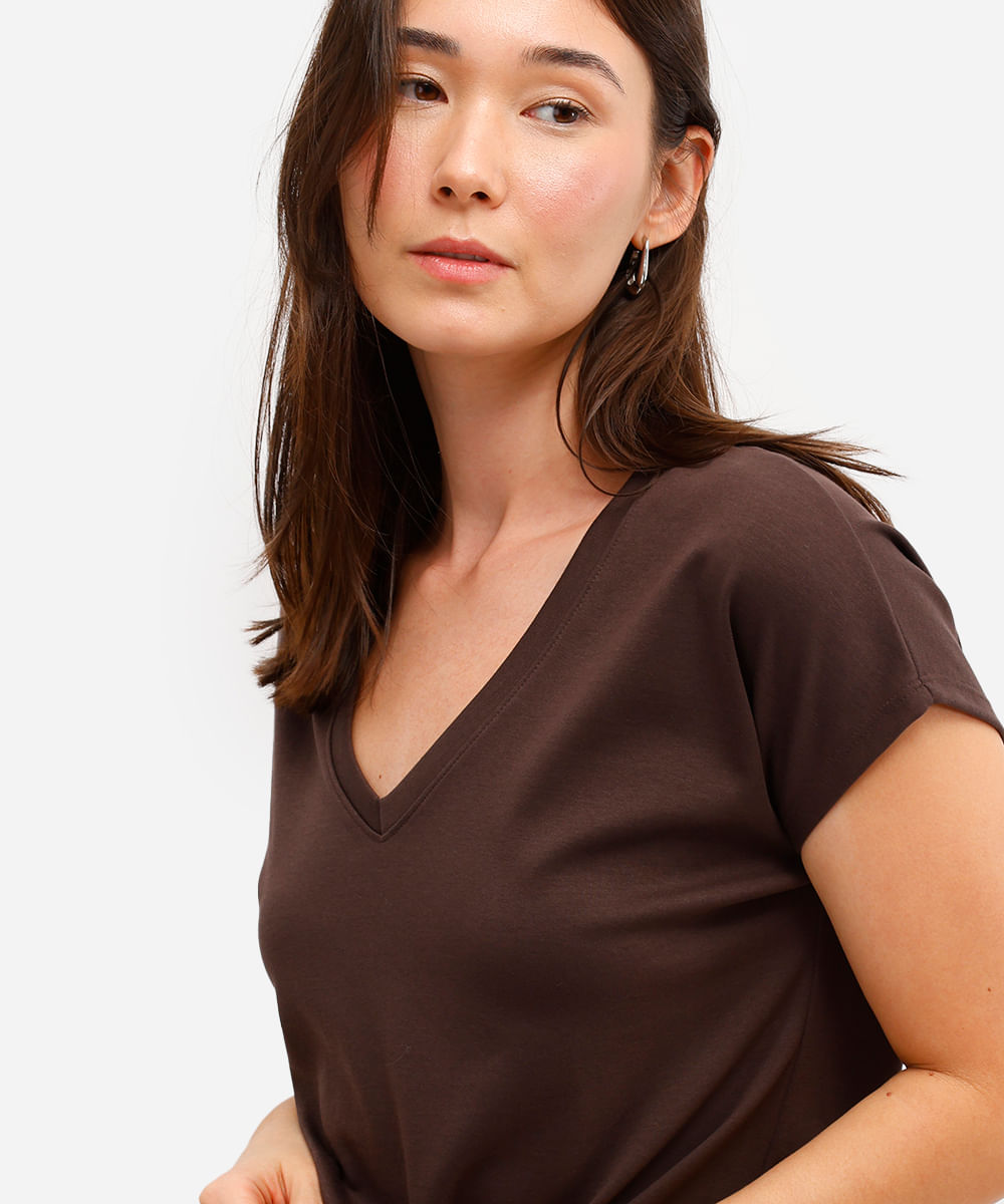 blusa feminina de algodão peruano decote v marrom