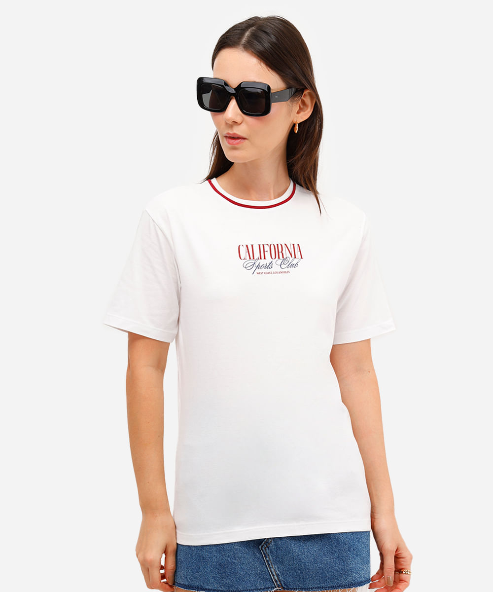 camiseta feminina de algodão california manga curta off white