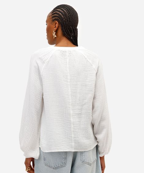 bata feminina de algodão manga bufante texturizada off white