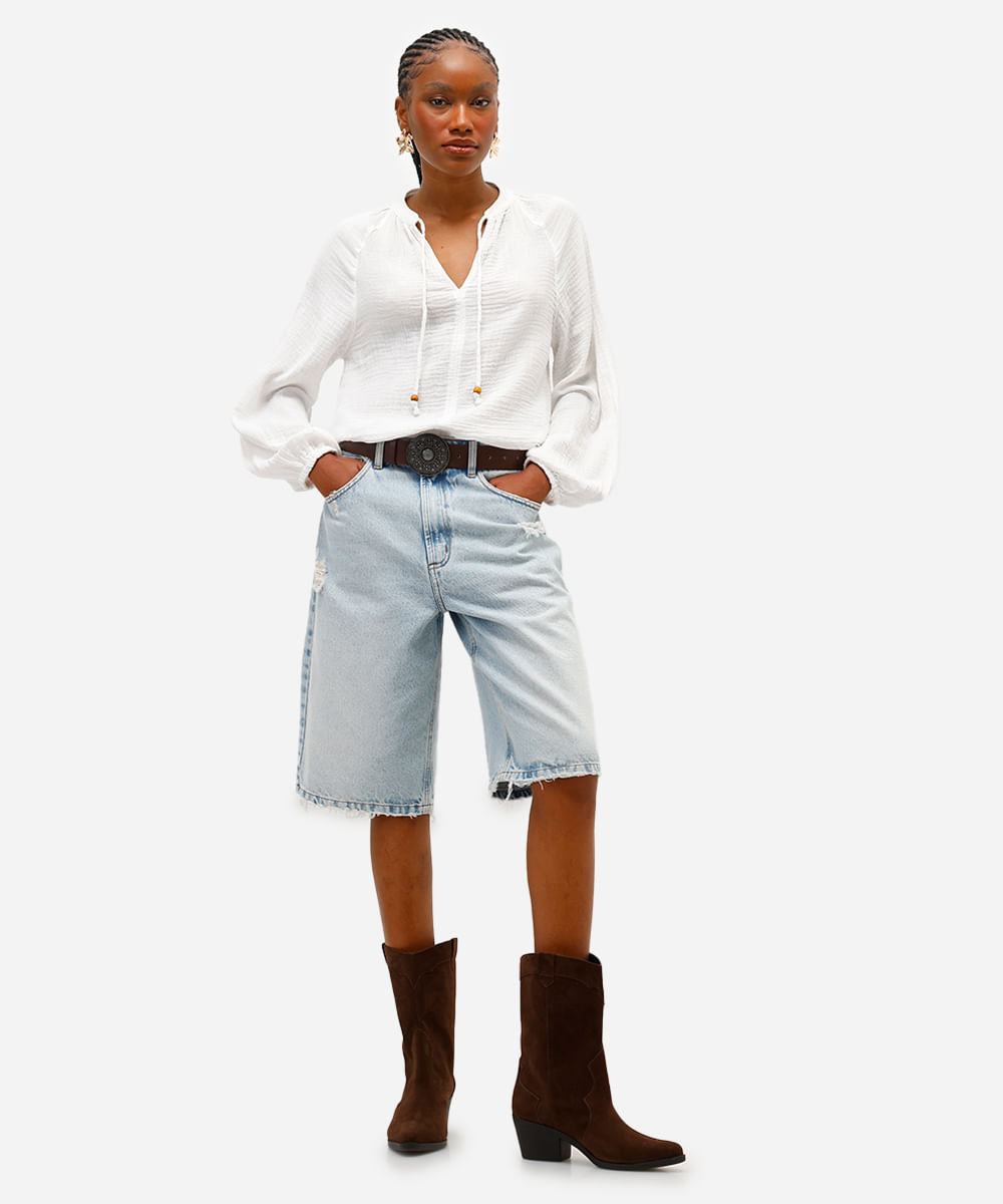 bata feminina de algodão manga bufante texturizada off white