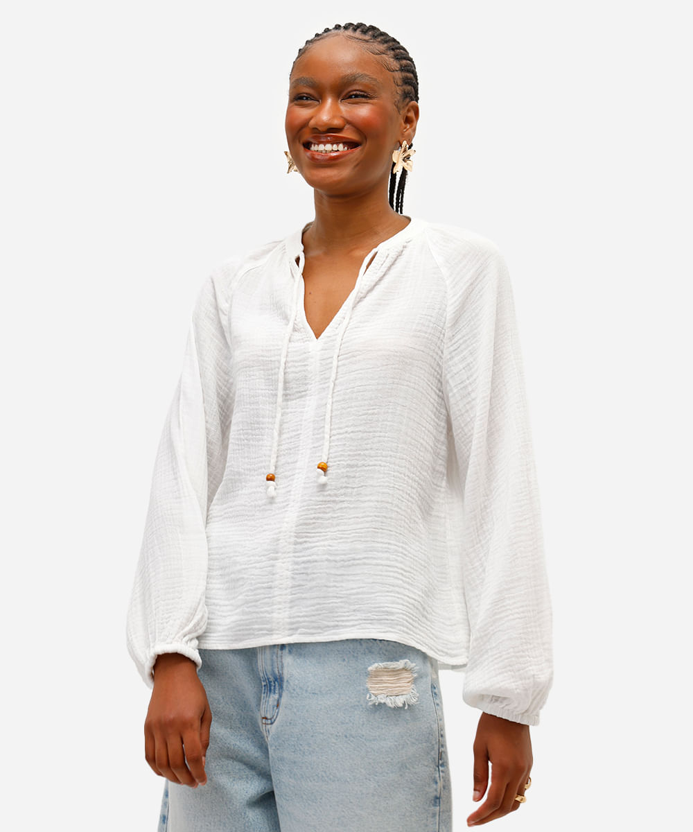 bata feminina de algodão manga bufante texturizada off white