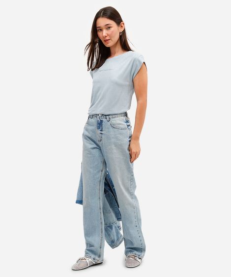 calça reta feminina jeans cintura alta azul