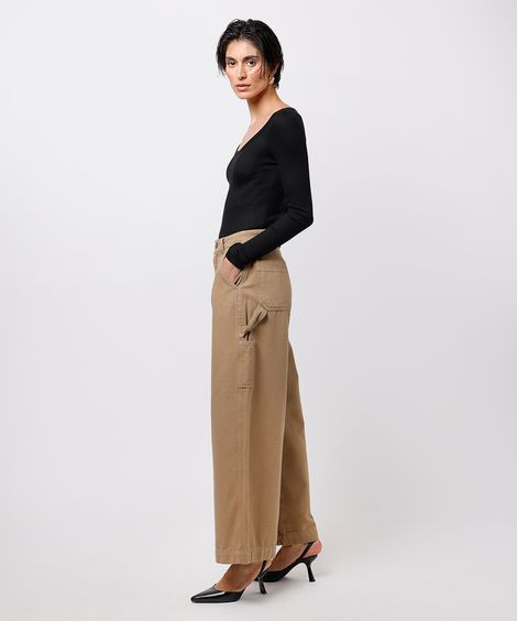 calça reta feminina de sarja mindset bege