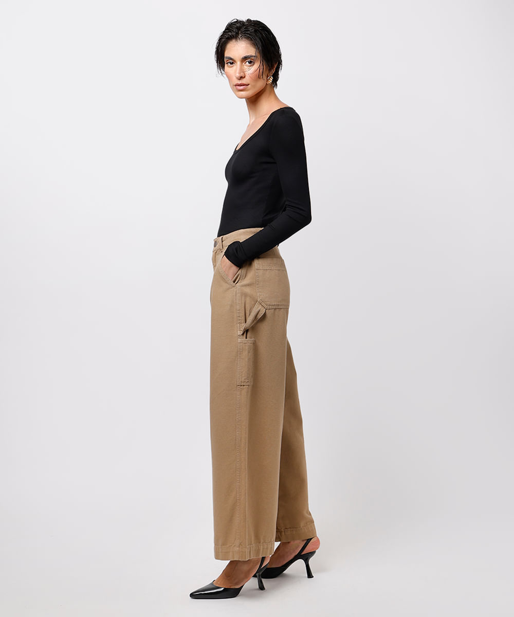 calça reta feminina de sarja mindset bege