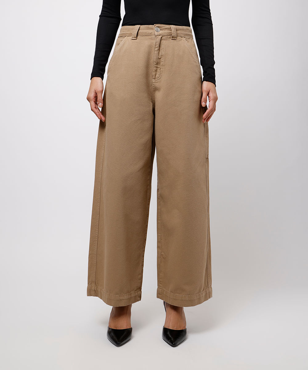 calça reta feminina de sarja mindset bege