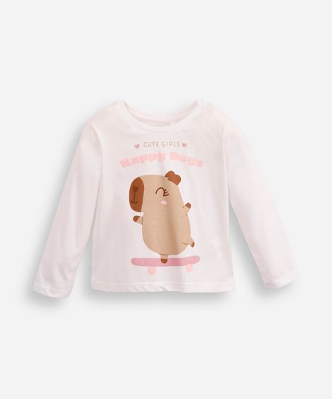 blusa de algodão infantil manga longa capivara off white