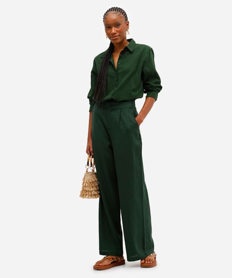 calça wide leg feminina com linho verde