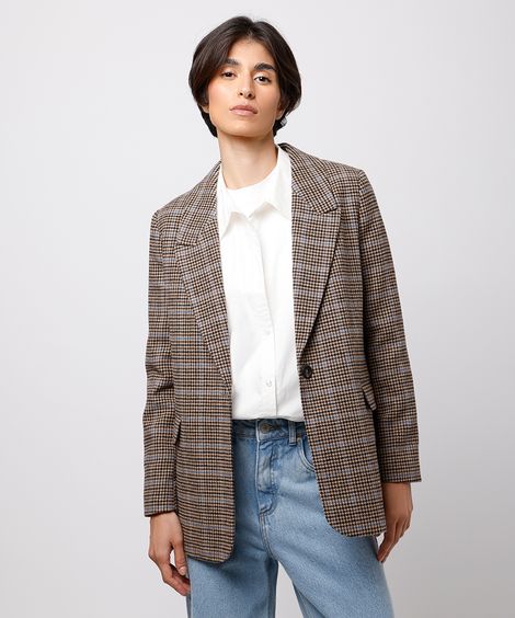 blazer feminino de alfaiataria xadrez mindset marrom