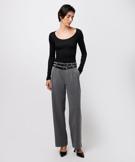 calça wide leg feminina de alfaiataria com cintos mindset cinza
