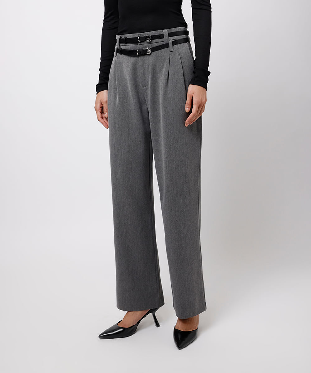 calça wide leg feminina de alfaiataria com cintos mindset cinza