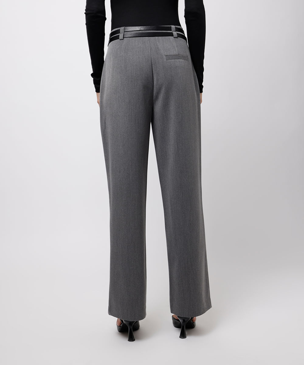 calça wide leg feminina de alfaiataria com cintos mindset cinza