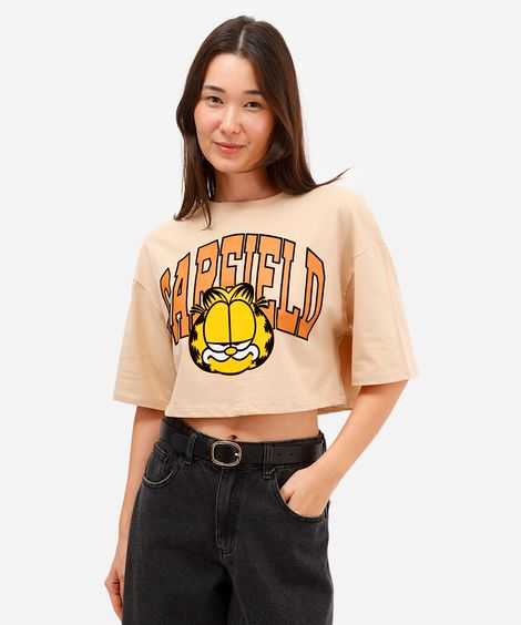 cropped feminino de algodão garfield manga curta bege