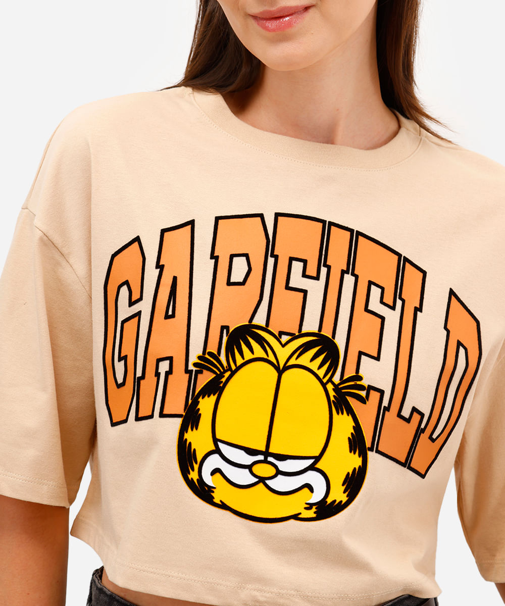 cropped feminino de algodão garfield manga curta bege