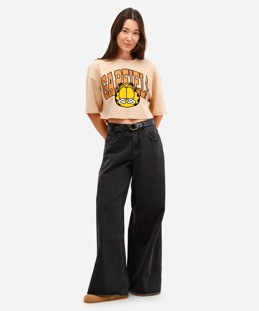 cropped feminino de algodão garfield manga curta bege