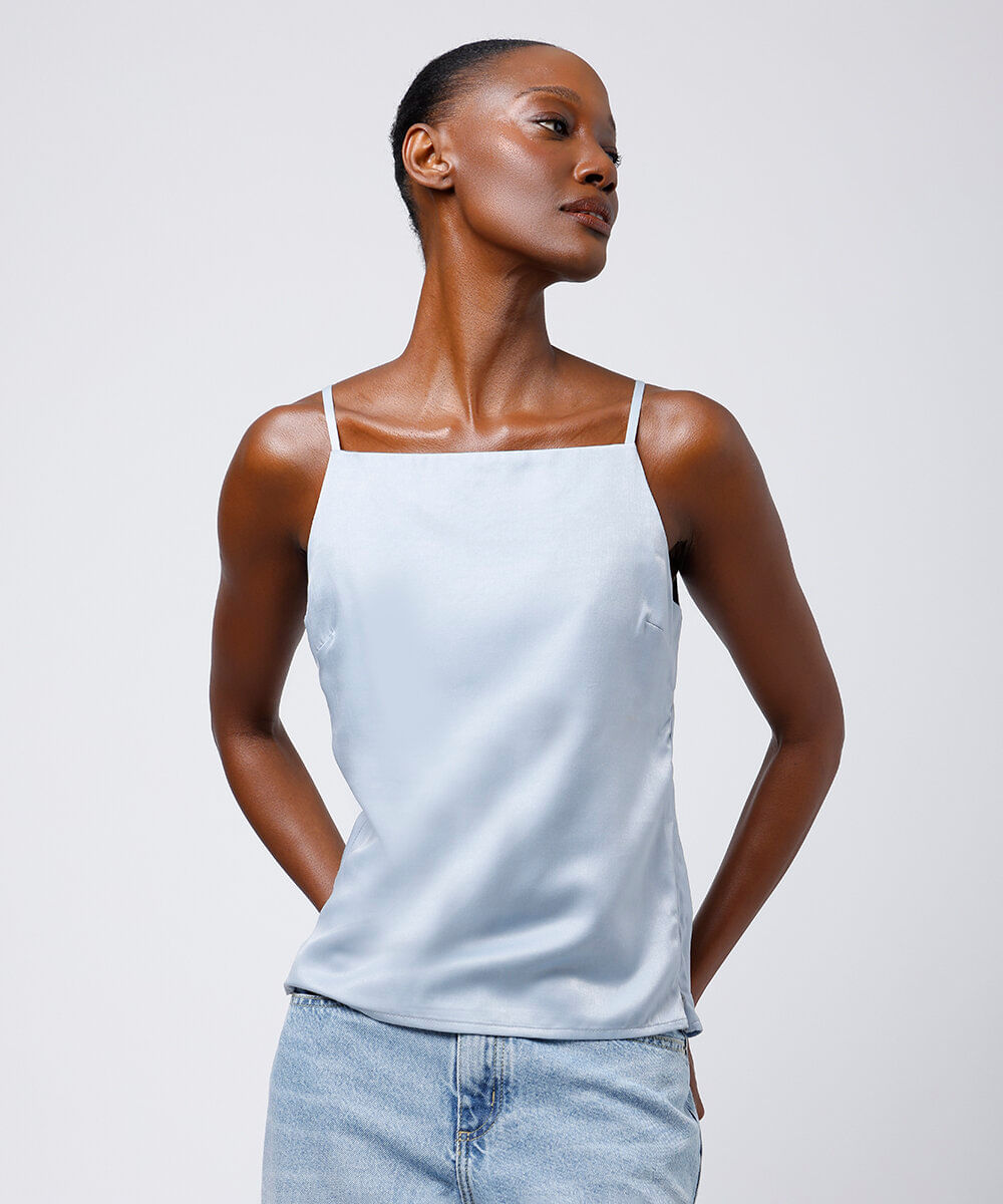 blusa feminina acetinada alça fina mindset azul