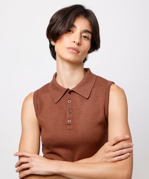 regata polo feminina de tricot mindset marrom