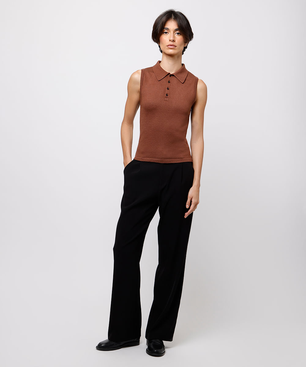 regata polo feminina de tricot mindset marrom