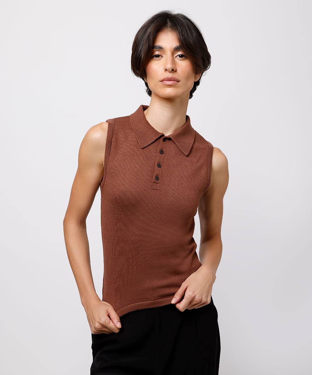 regata polo feminina de tricot mindset marrom