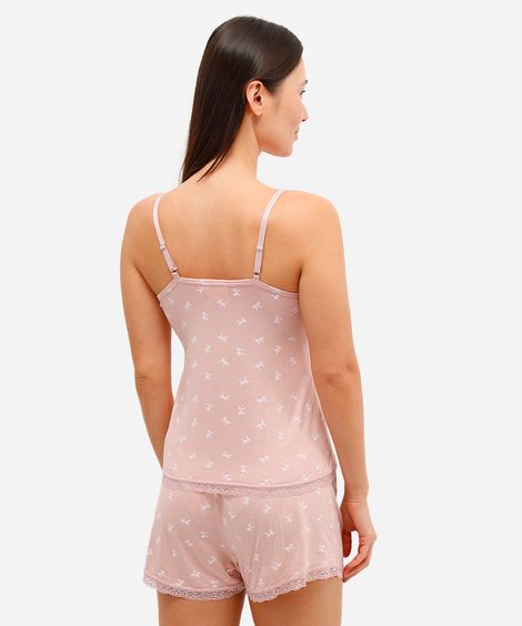 pijama short doll de viscose lacinhos com renda rosa