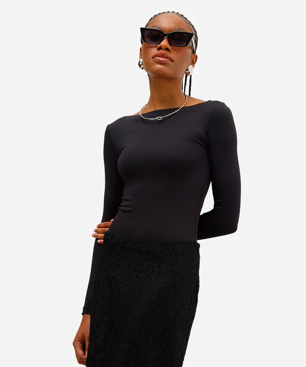body feminino de poliamida manga longa preto