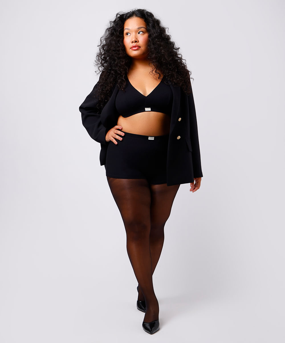 calcinha hot pant feminina de algodão canelada mindset plus size - preto