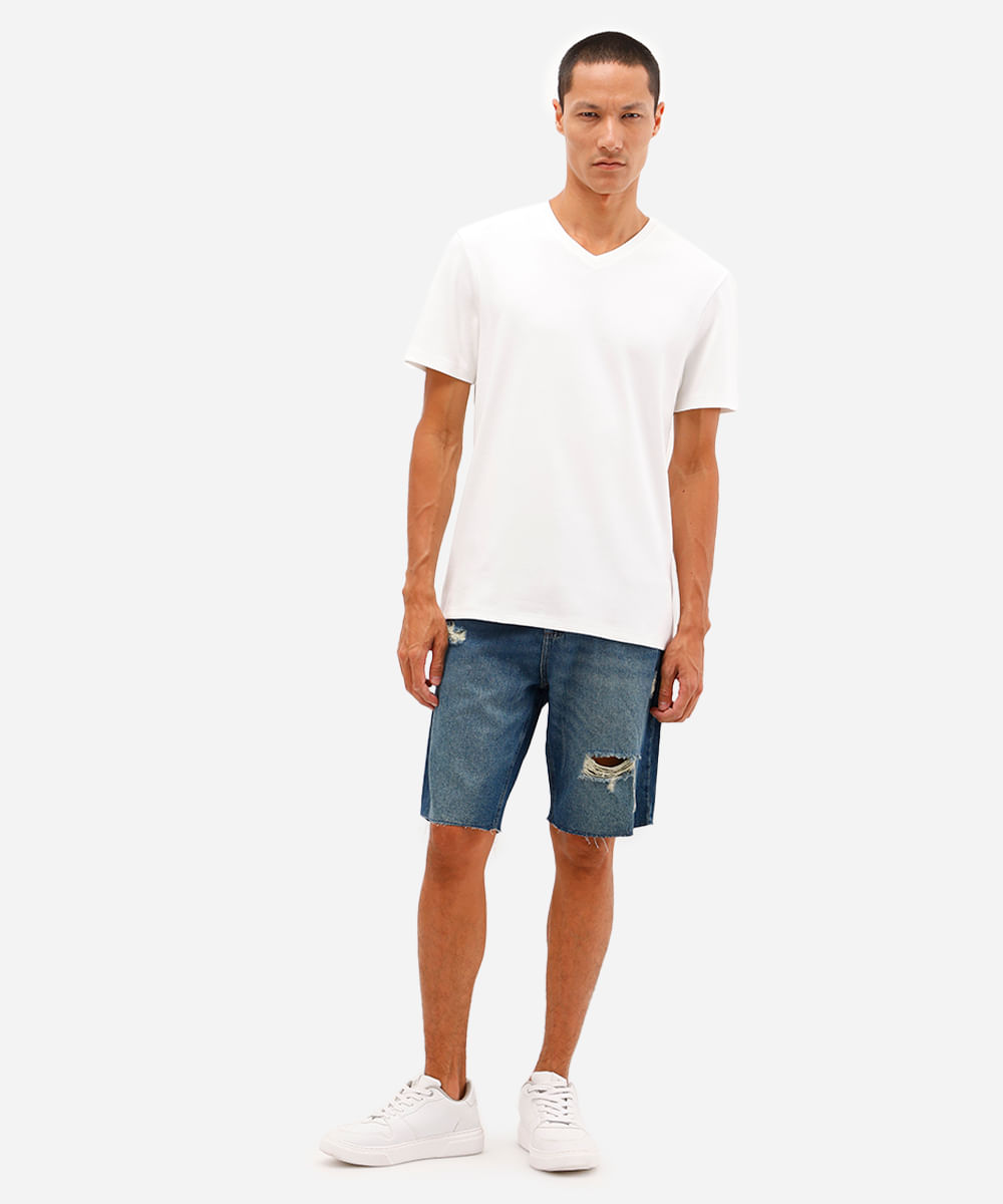 bermuda slim masculina jeans destroyed azul