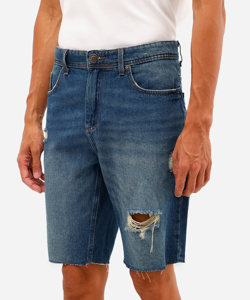 bermuda slim masculina jeans destroyed azul