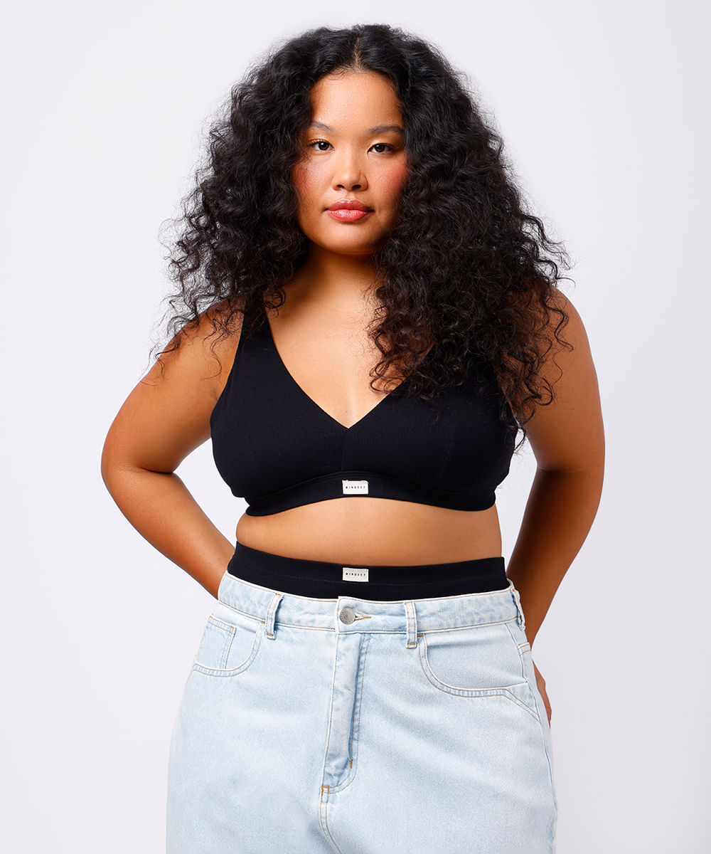 sutiã triângulo feminino de algodão canelado mindset plus size preto