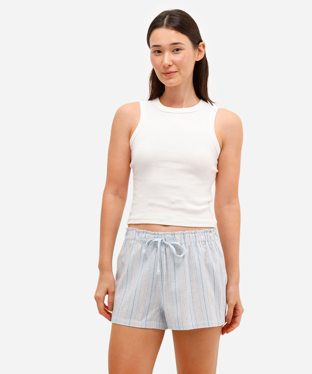 short curto feminino de pijama listrado azul