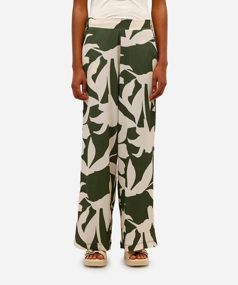 calça wide leg feminina floral texturizada verde