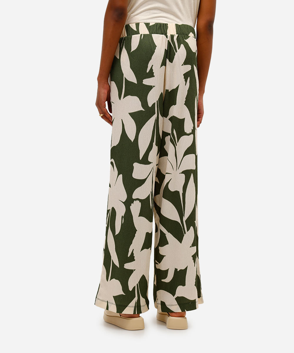 calça wide leg feminina floral texturizada verde