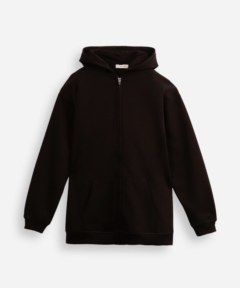 jaqueta oversized juvenil de moletom com capuz e bolso preta