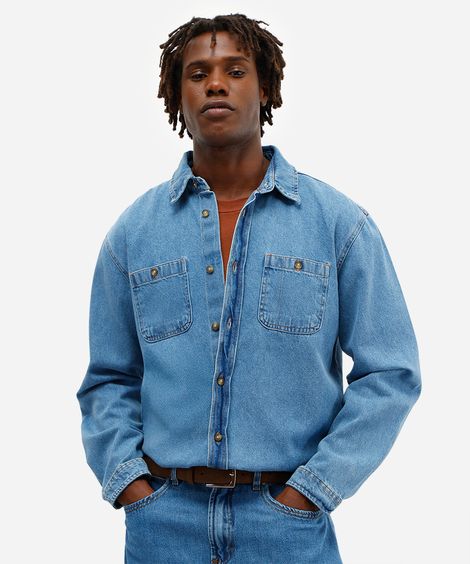 camisa masculina jeans manga longa azul