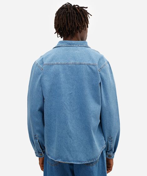 camisa masculina jeans manga longa azul