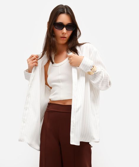camisa feminina acetinada manga longa risca de giz off white