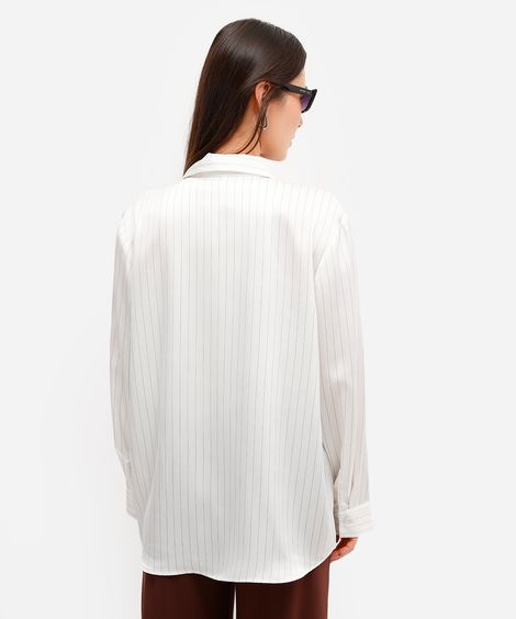 camisa feminina acetinada manga longa risca de giz off white