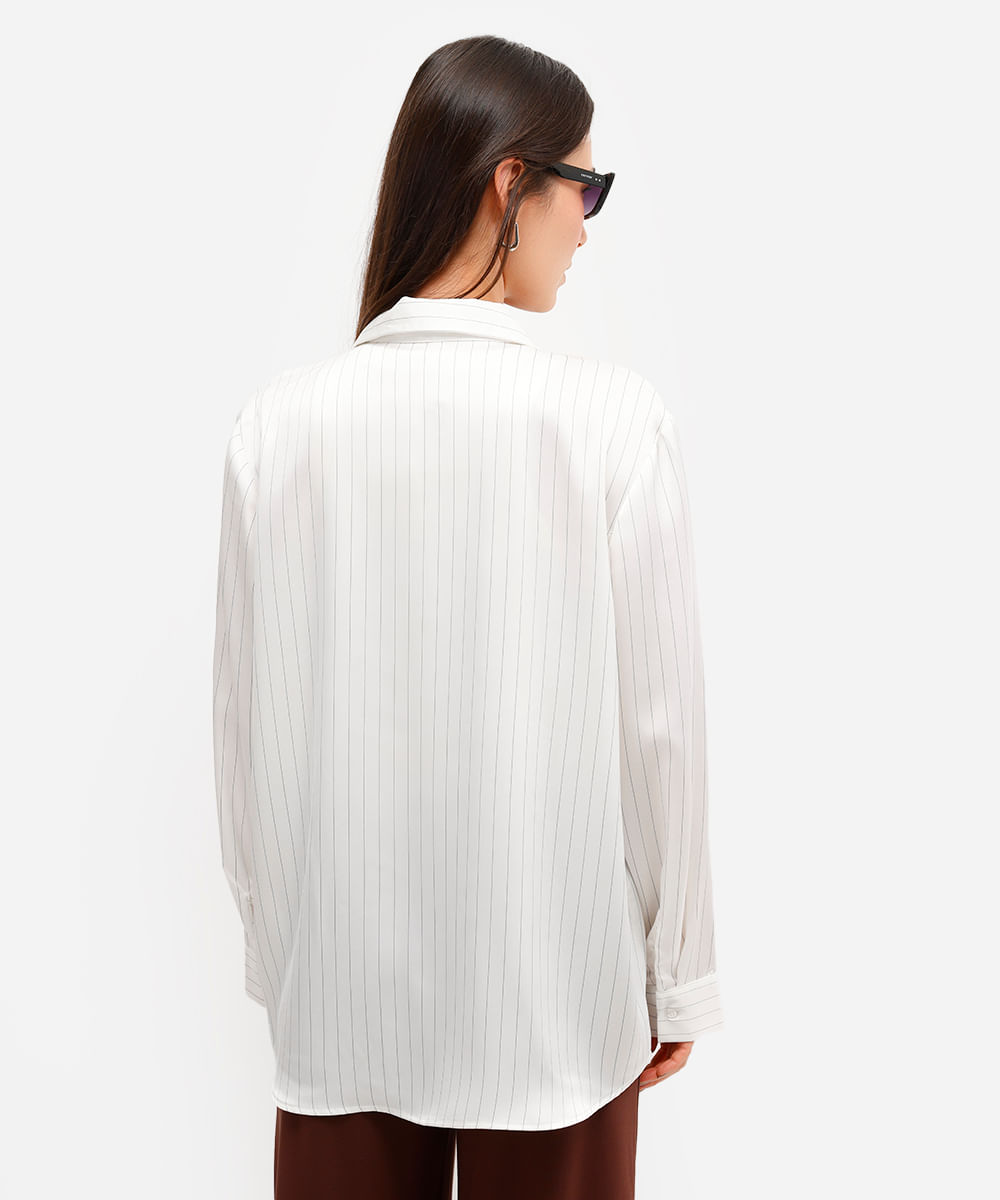 camisa feminina acetinada manga longa risca de giz off white