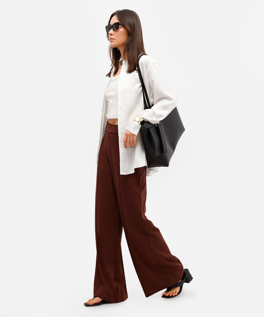 camisa feminina acetinada manga longa risca de giz off white